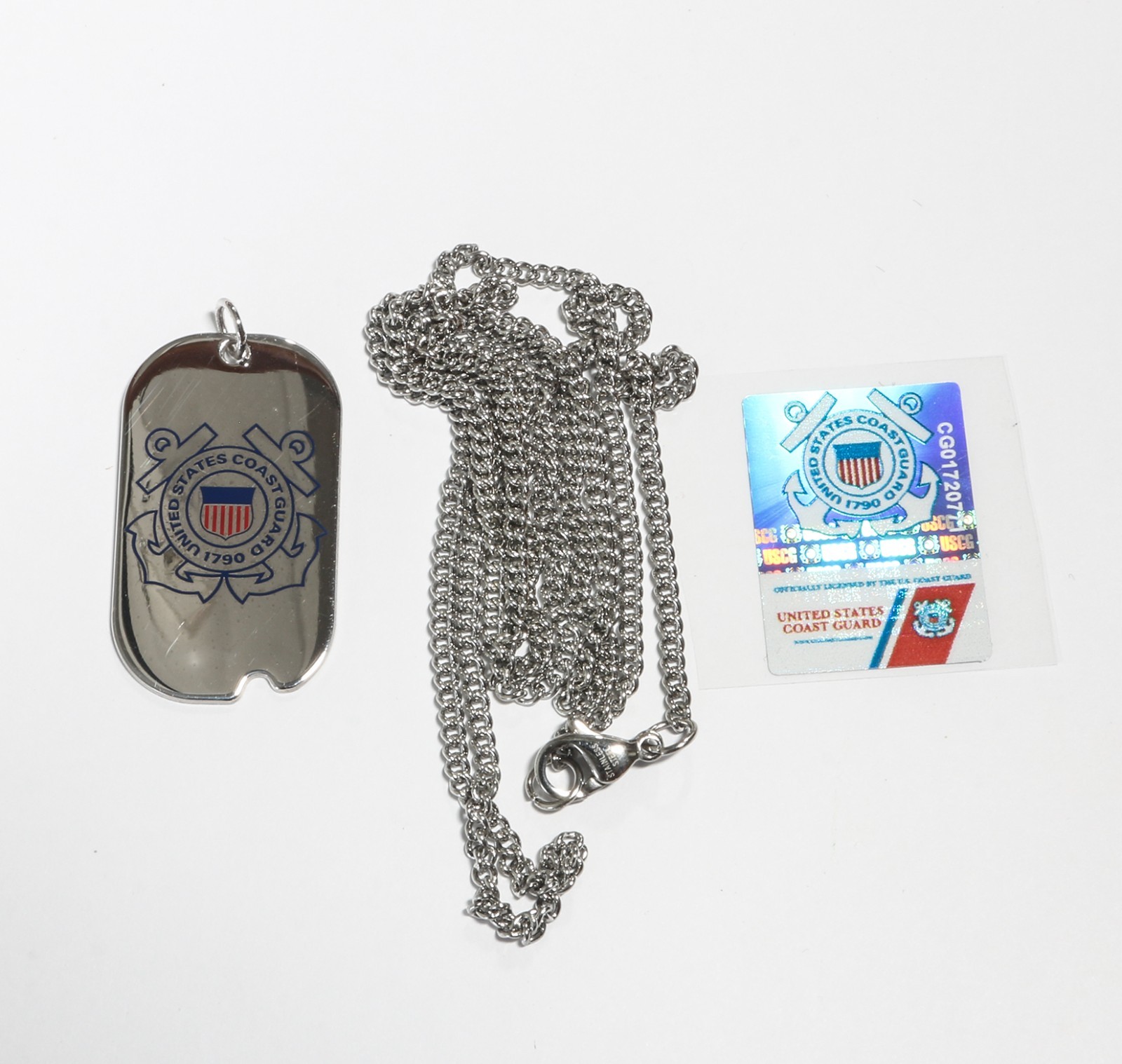 34x19mm Sterling Silver US Coast Guard Dog Tag Pendant w/24″ Stainless Chain