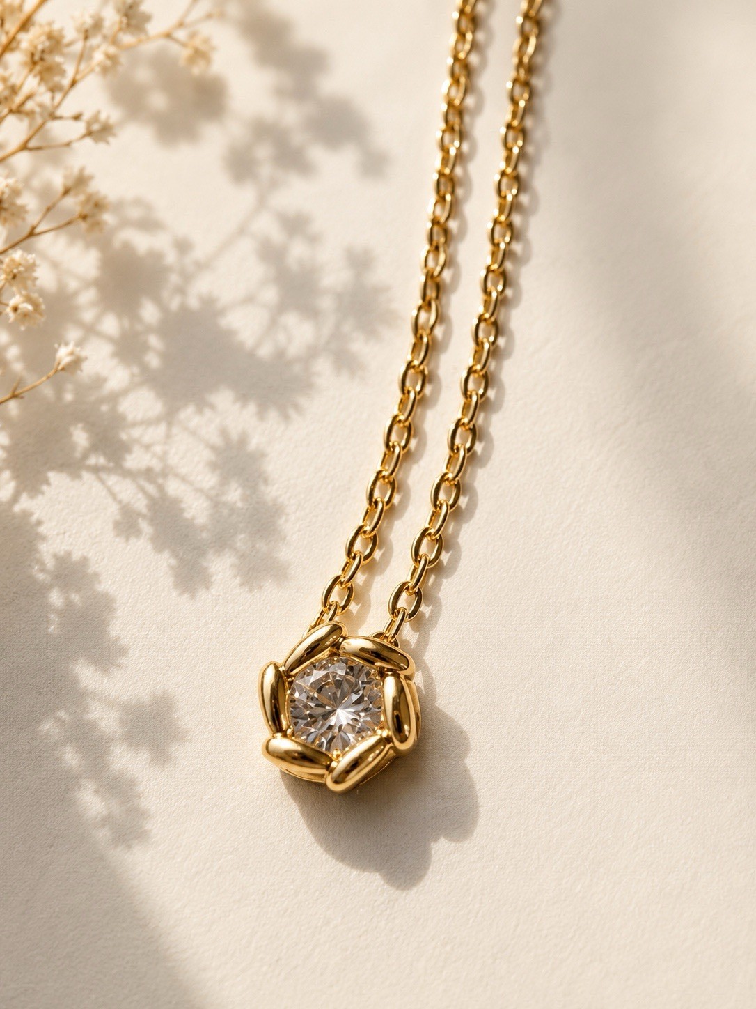 Yellow Gold Plated Cable Chain Necklace Round White CZ Prong Charm Adjust