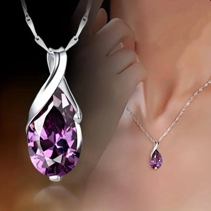 Exquisite Silver Plated Teardrop Amethyst Necklace Bridal Engagement Wedding
