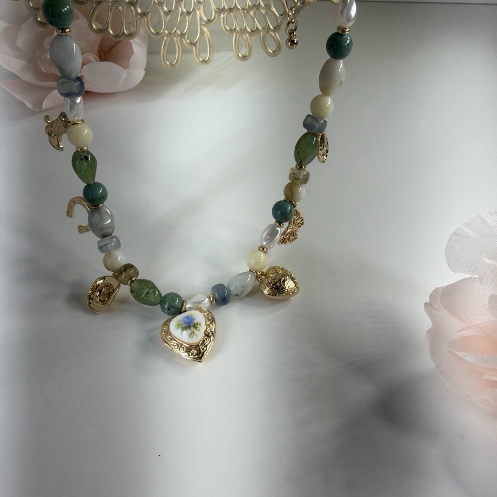 Multicolor Beaded Charm Necklace Heart Locket Pendant Butterfly Western Theme