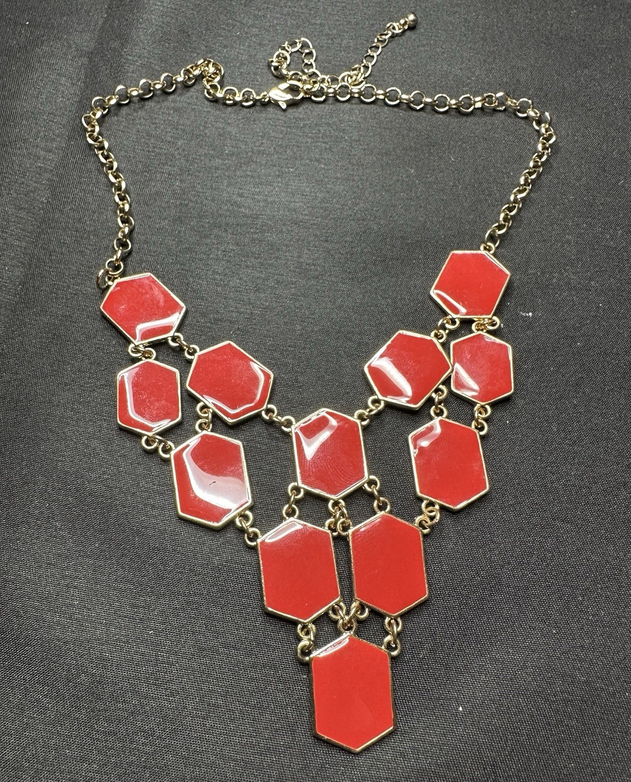 Gold Tone Cable Chain Statement Necklace Red Hexagon Stations Lobster