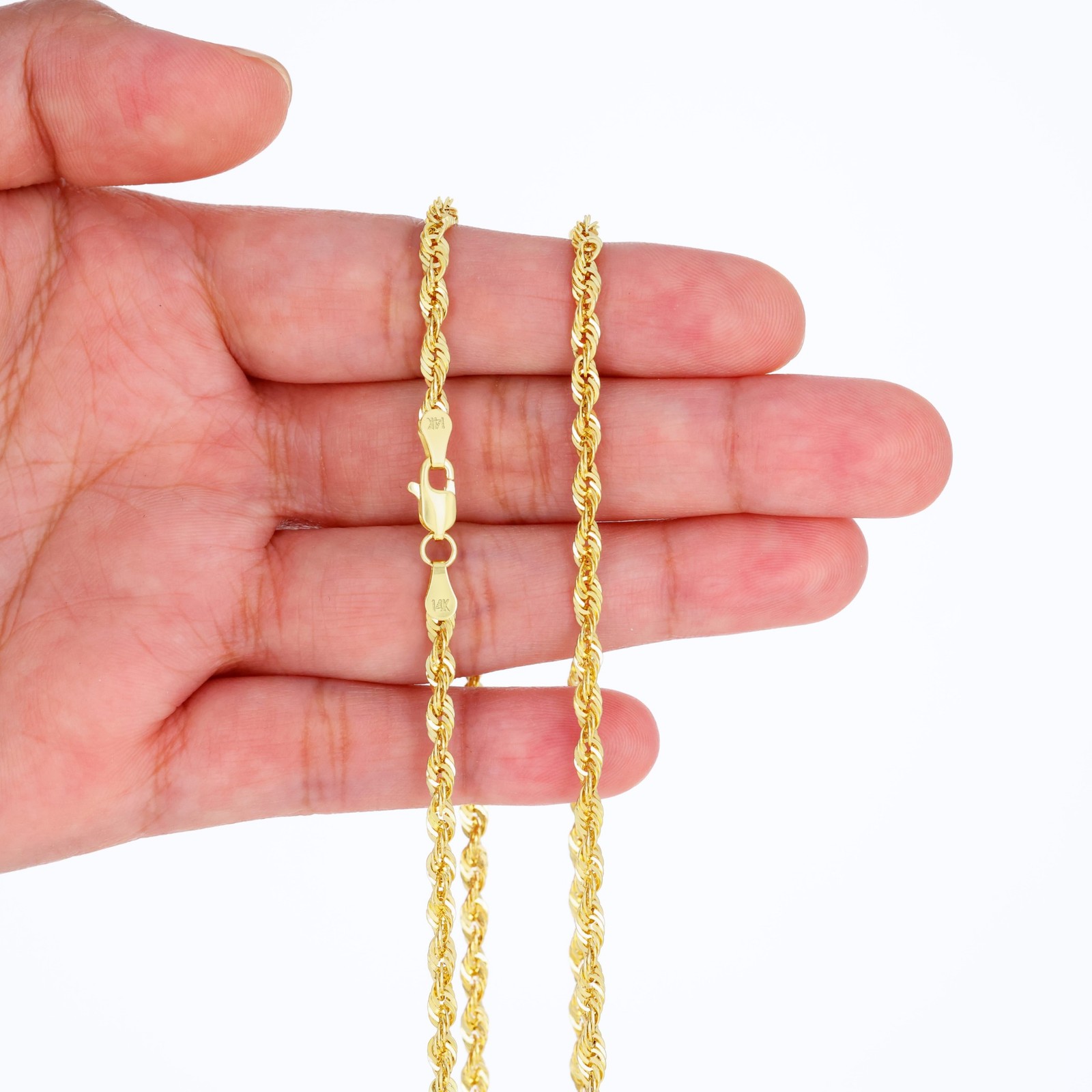 14K Yellow Gold 1mm-4mm Laser Diamond Cut Rope Chain Necklace Men Women 16″- 30″
