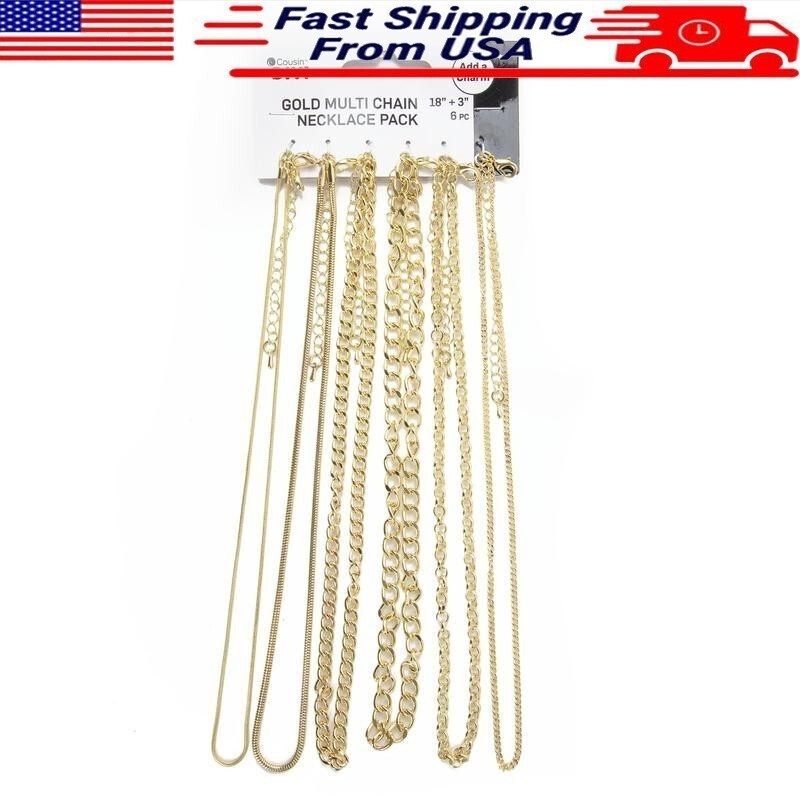 Gold Multi Chain Necklace Pack W/ Lobster Claw Clasps Adult Unisex DIY 6 Pcs New