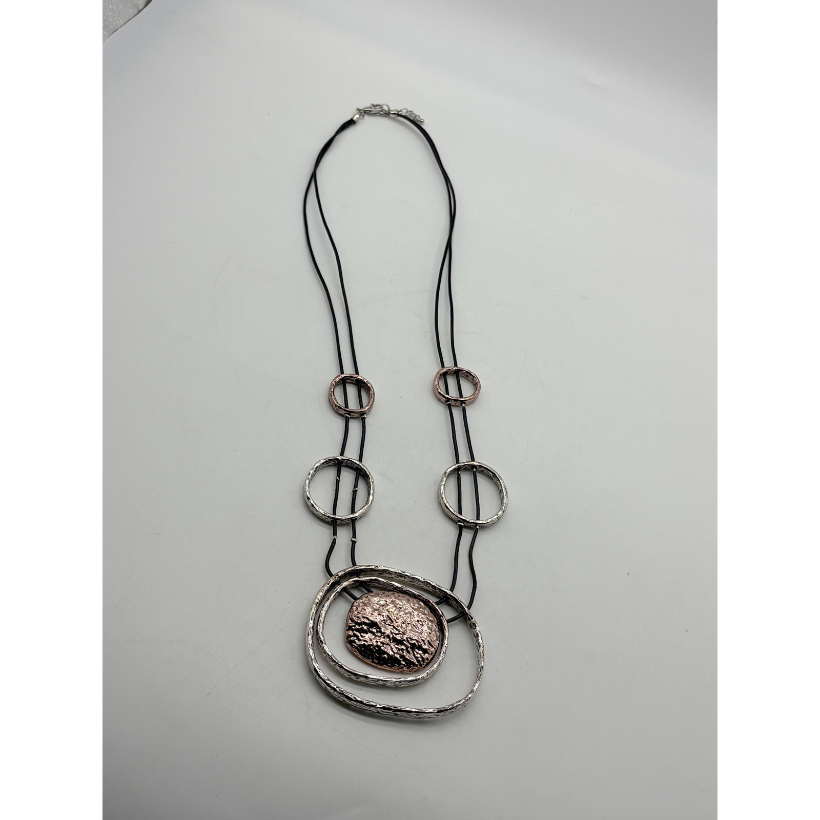 Mixed Metal Hammered Geometric Statement Necklace Silver Copper Tone Black Cord