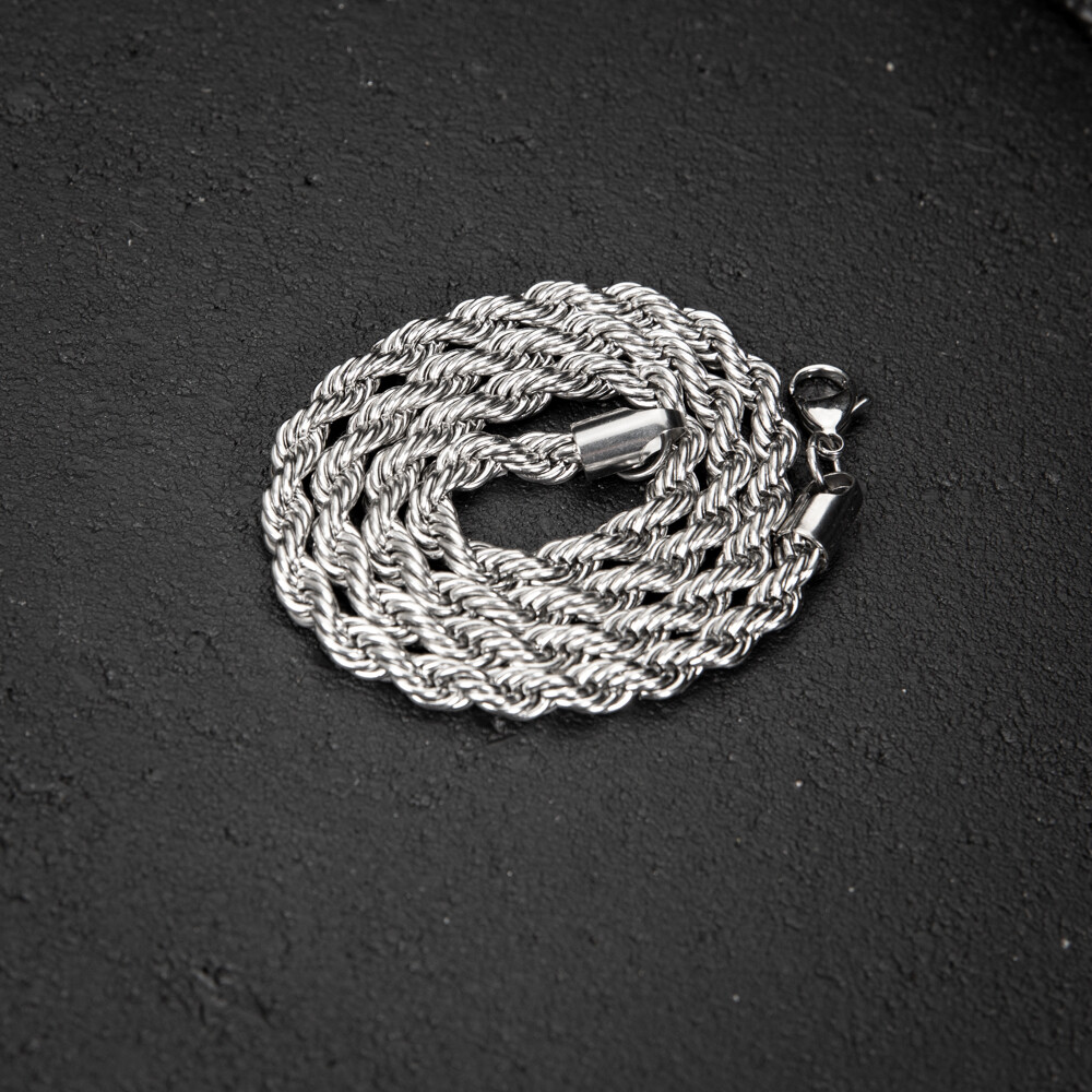 White Gold Plated Solid Heavy 316 Stainless Steel 6MM Twist Rope Chain Necklace