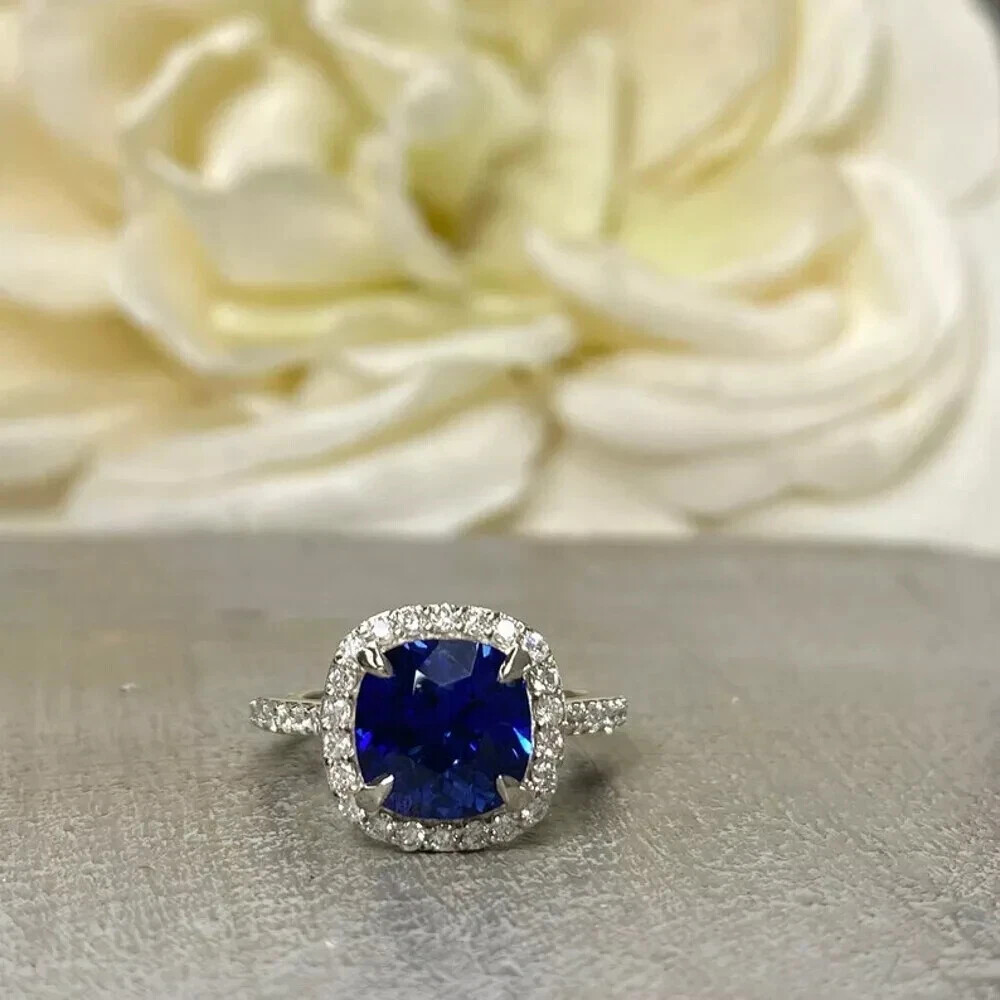 2.40 Ct Natural Blue Sapphire Diamond Engagement Ring 14K White Gold Size 8.5