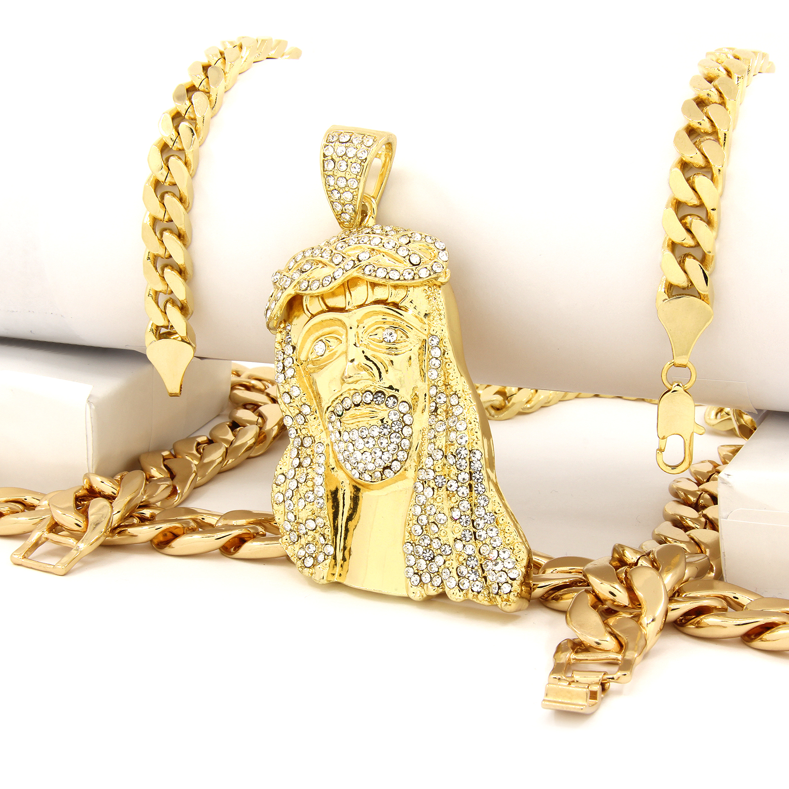 Gold Plated Jesus Piece Pendant Cubic-Zirconia Two 30″ Cuban Chain