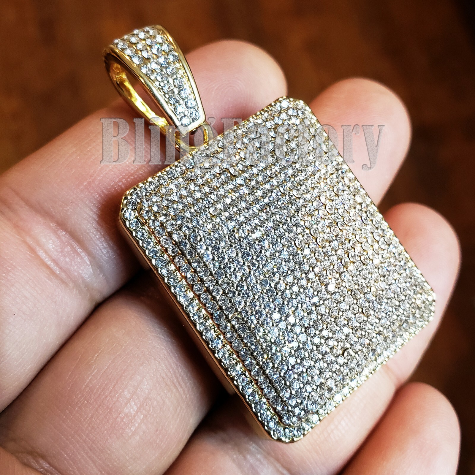 HIP HOP FULL ICED CUBIC ZIRCONIA GOLD PLATED BLING SQUARE DOG TAG CHARM PENDANT