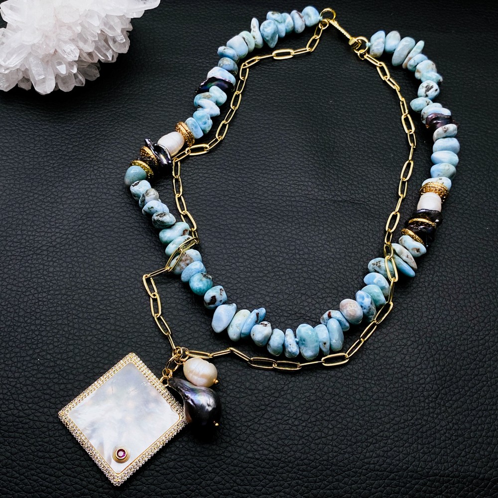 Blue Larimar Chain Choker Necklace White Sea Shell Black Baroque Pearl Pendant