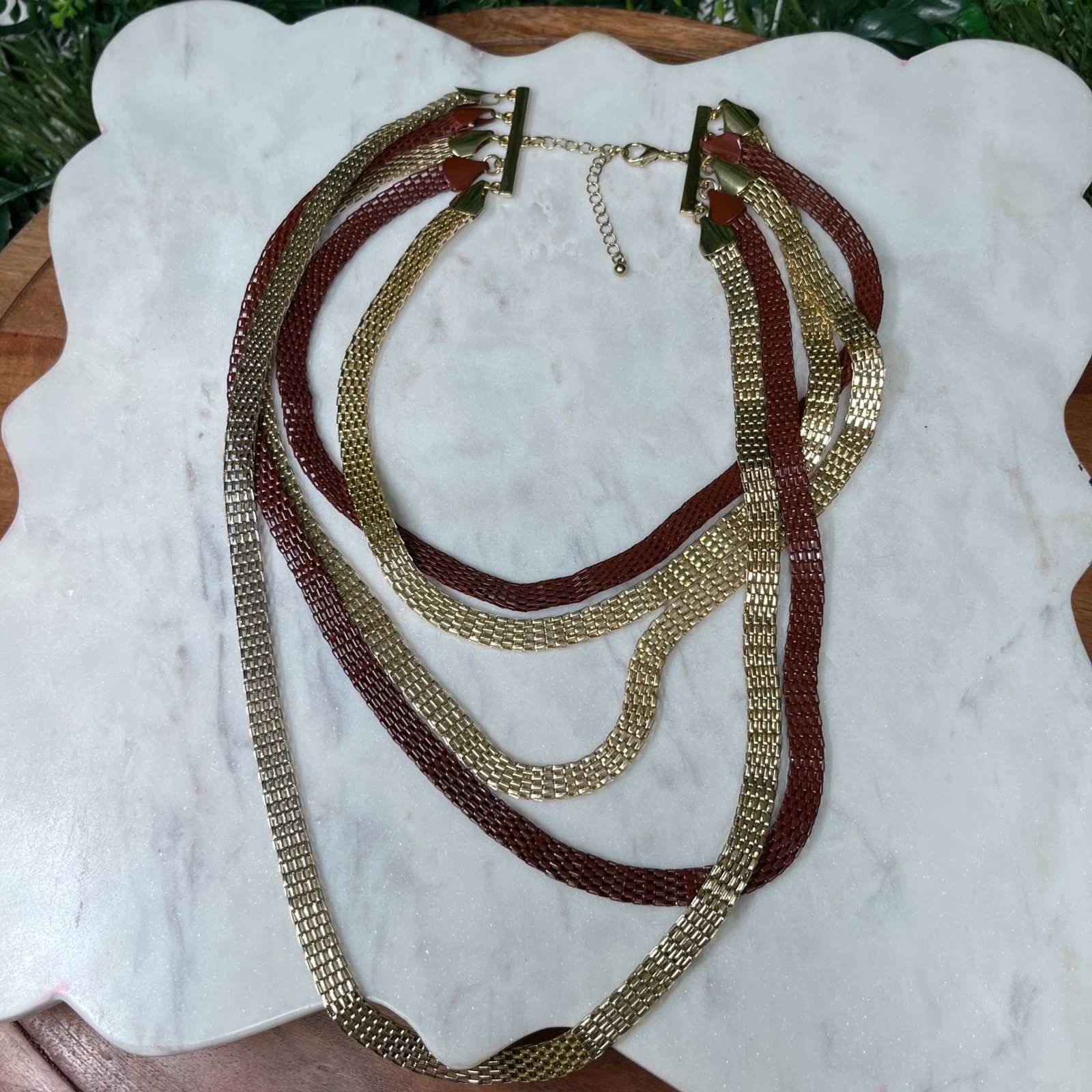 Multi Strand Statement Necklace Gold and Terracotta Red Mesh Chain Tiered 3817