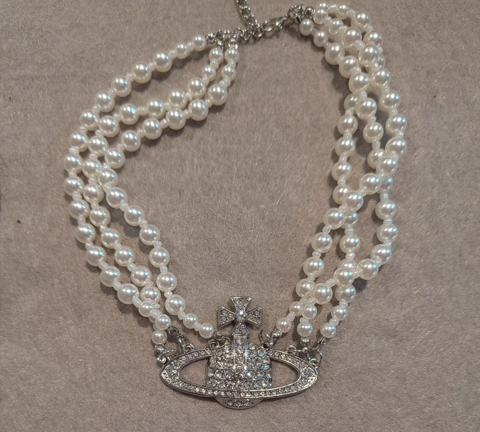 Vivienne Westwood Choker Necklace Three Row Pearl Bas Relief Crystal Saturn Orb