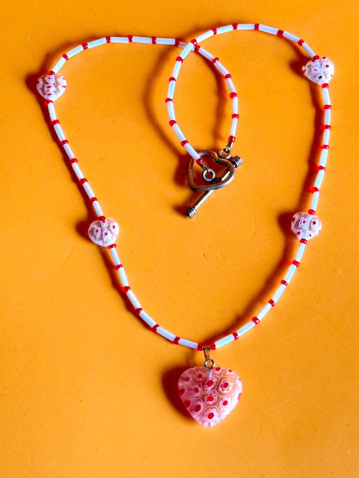 Valentine Heart Glass Beaded Red White Artisan Lots of Hearts Necklace 17″