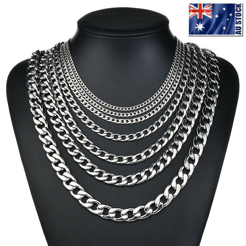 2-15mm Men’s 316L Stainless Steel Silver Curb Link NK Necklace Chain Wholesale