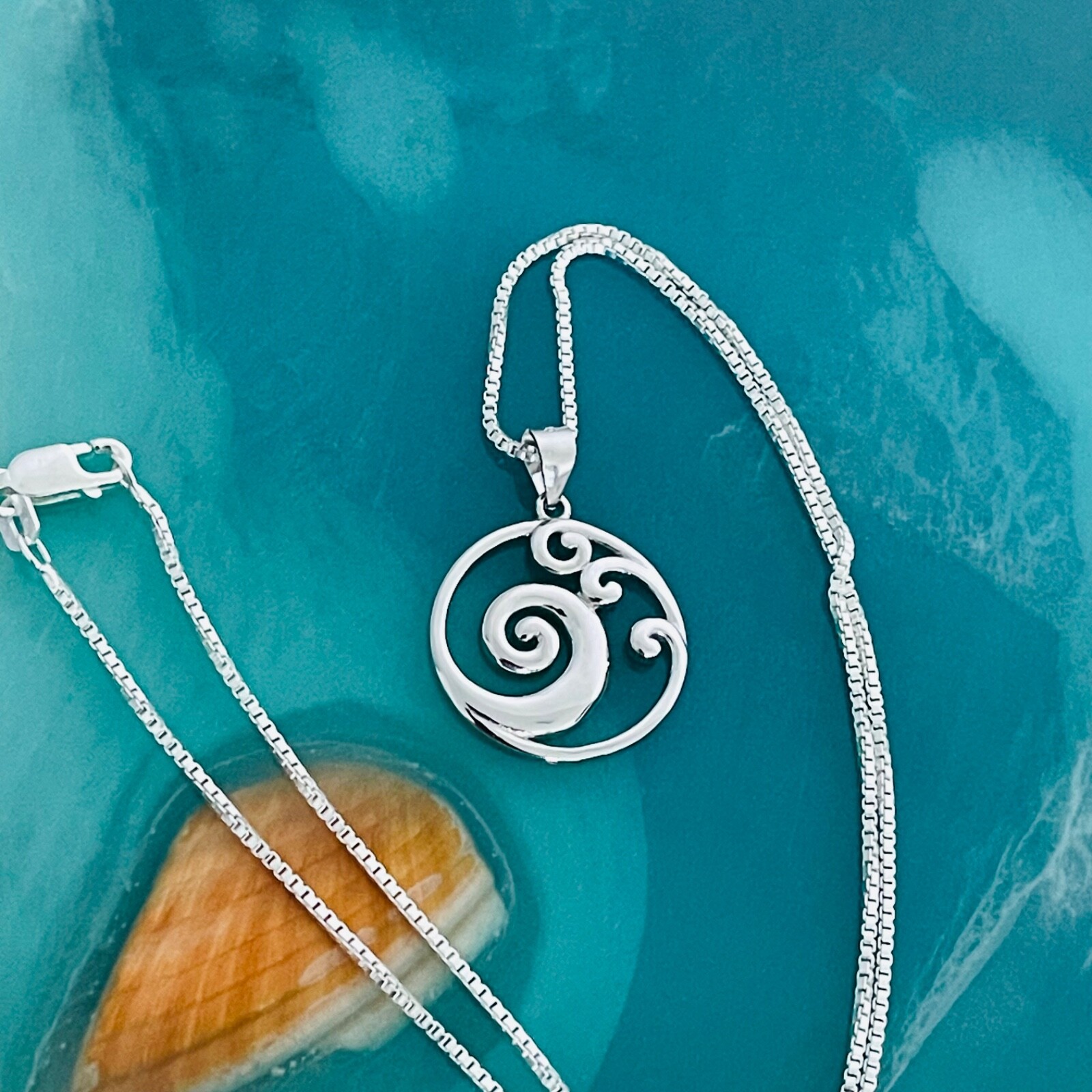 Sterling Silver Round Waves Necklace, Silver Necklaces, Ocean Wave Necklace