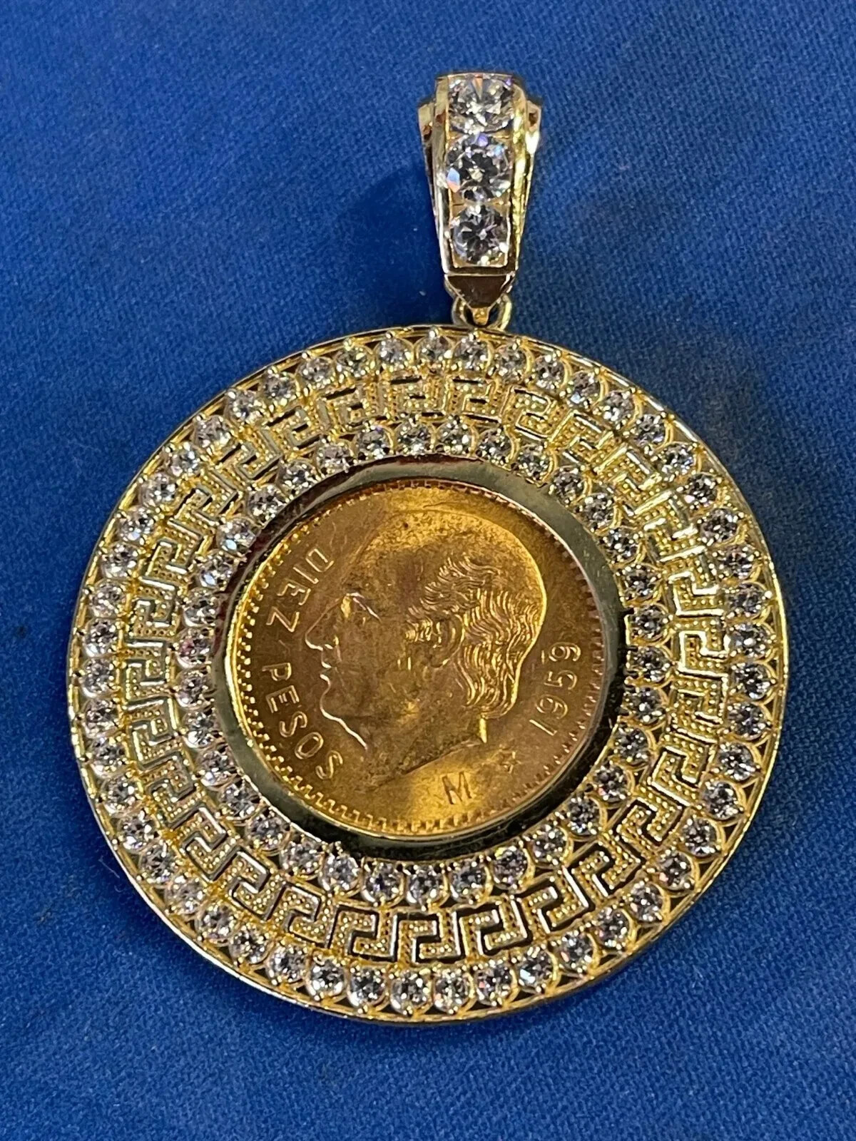 For 10 Peso Coin 11.5g 14k Yellow Gold Bezel Greek Key Bizel Moneda Cubic Zarcon