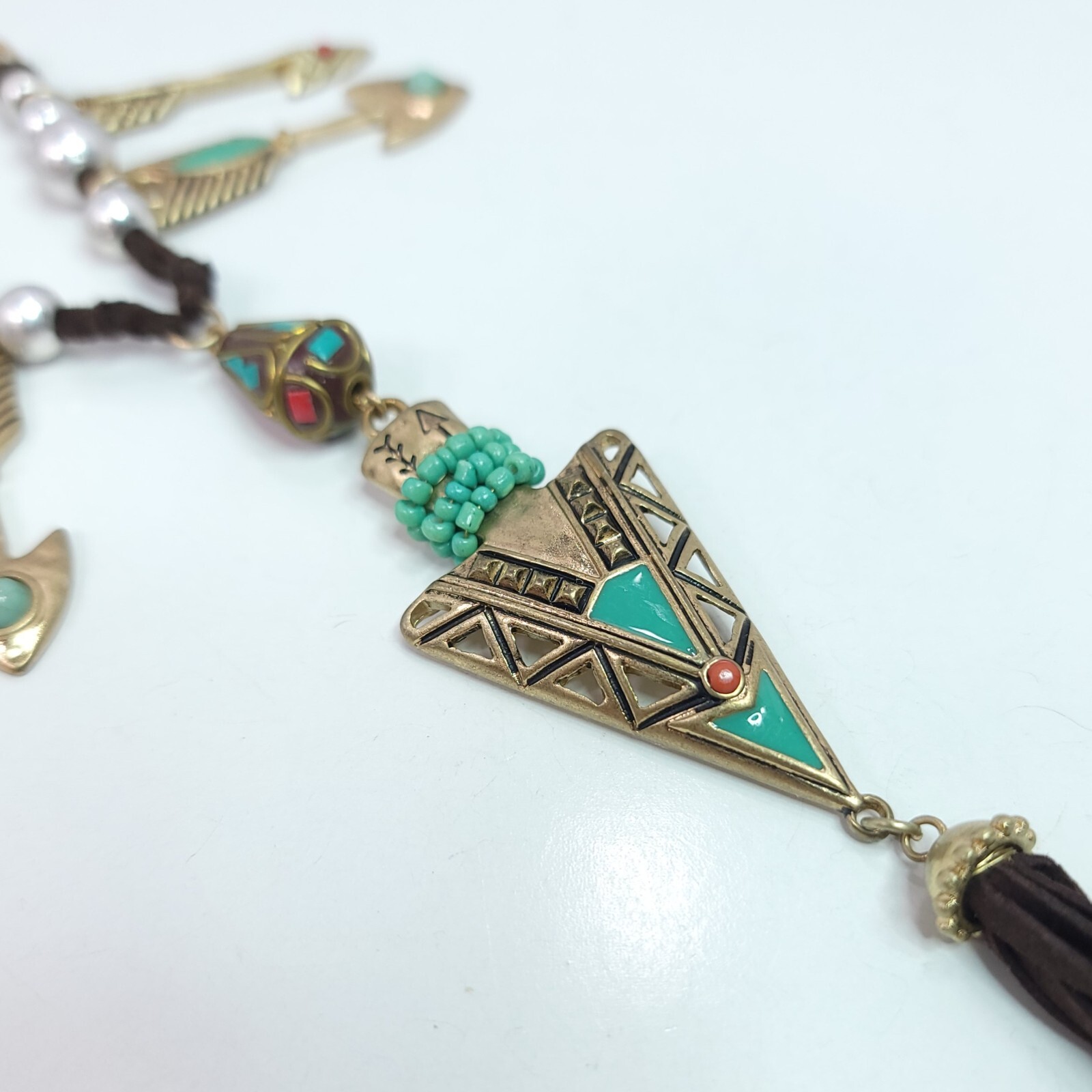 N0299 Arrow or Spear Head Design with Black Faux Leather Tassel Pendant Necklace