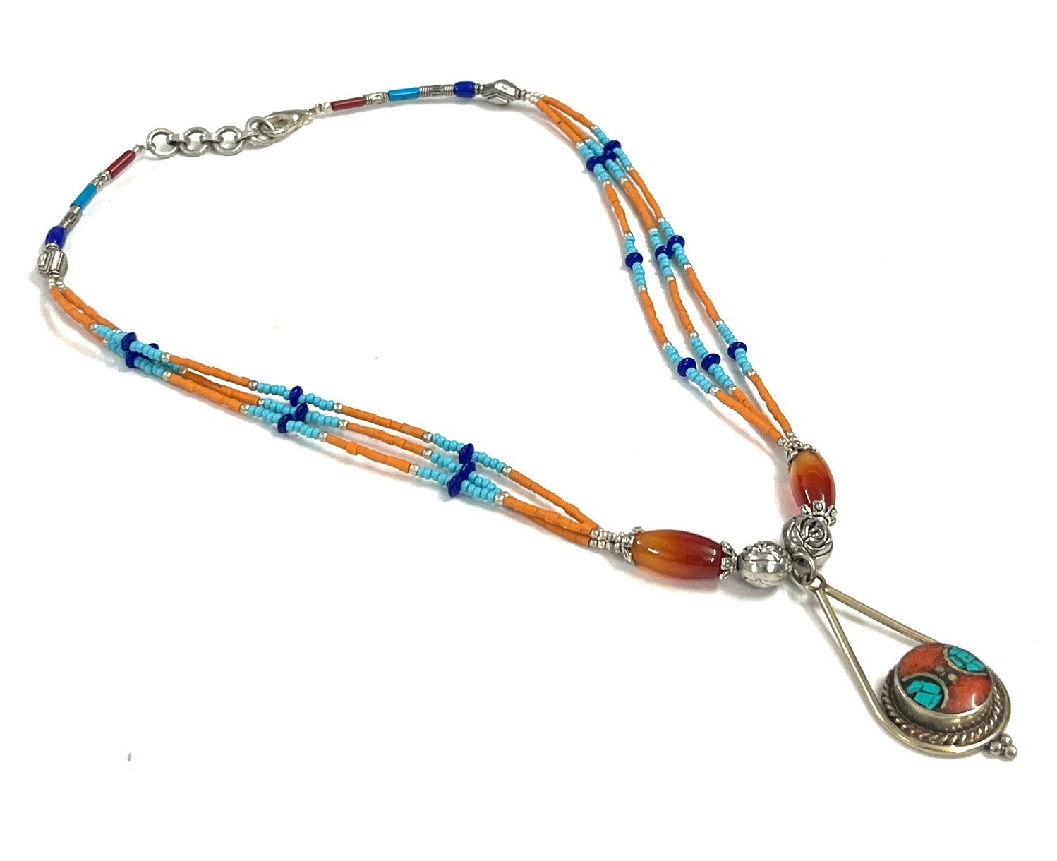 Nepalese Coral Carnelian Gemstone Tibetan Boho Necklace Jewelry, 17 inch Adjus