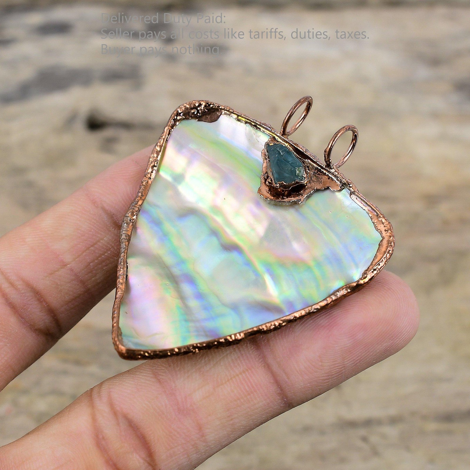 Trillion Abalone Shell Rough Stone Copper Daughter Electroformed Wedding Pendant