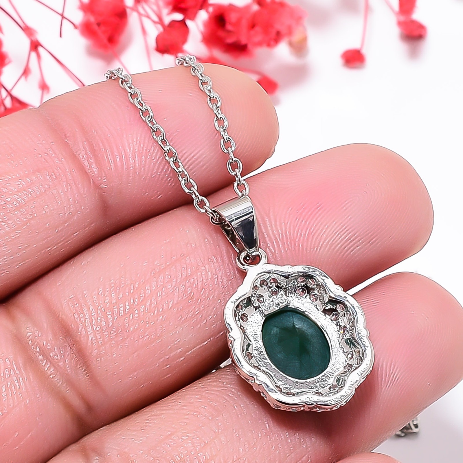 Emerald Simulated & Cz 925 Sterling Silver Pendant With Chain 18-20″ CP153930