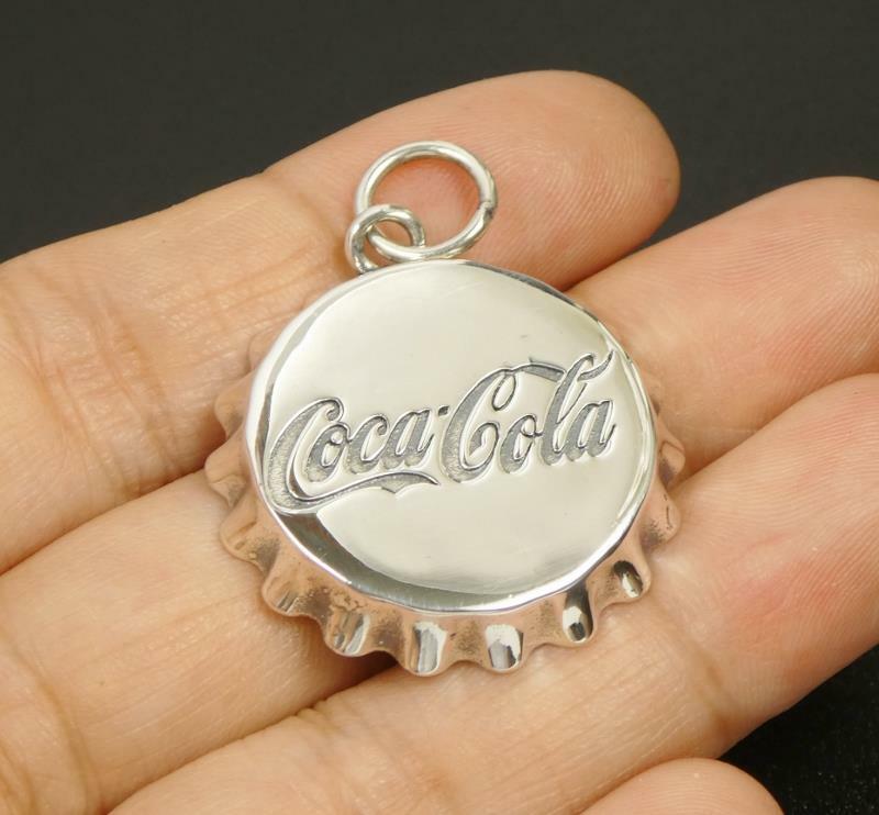 Shiny Polished 925 Sterling Silver Coca Cola Bottle Cap Round Pendant Fun!