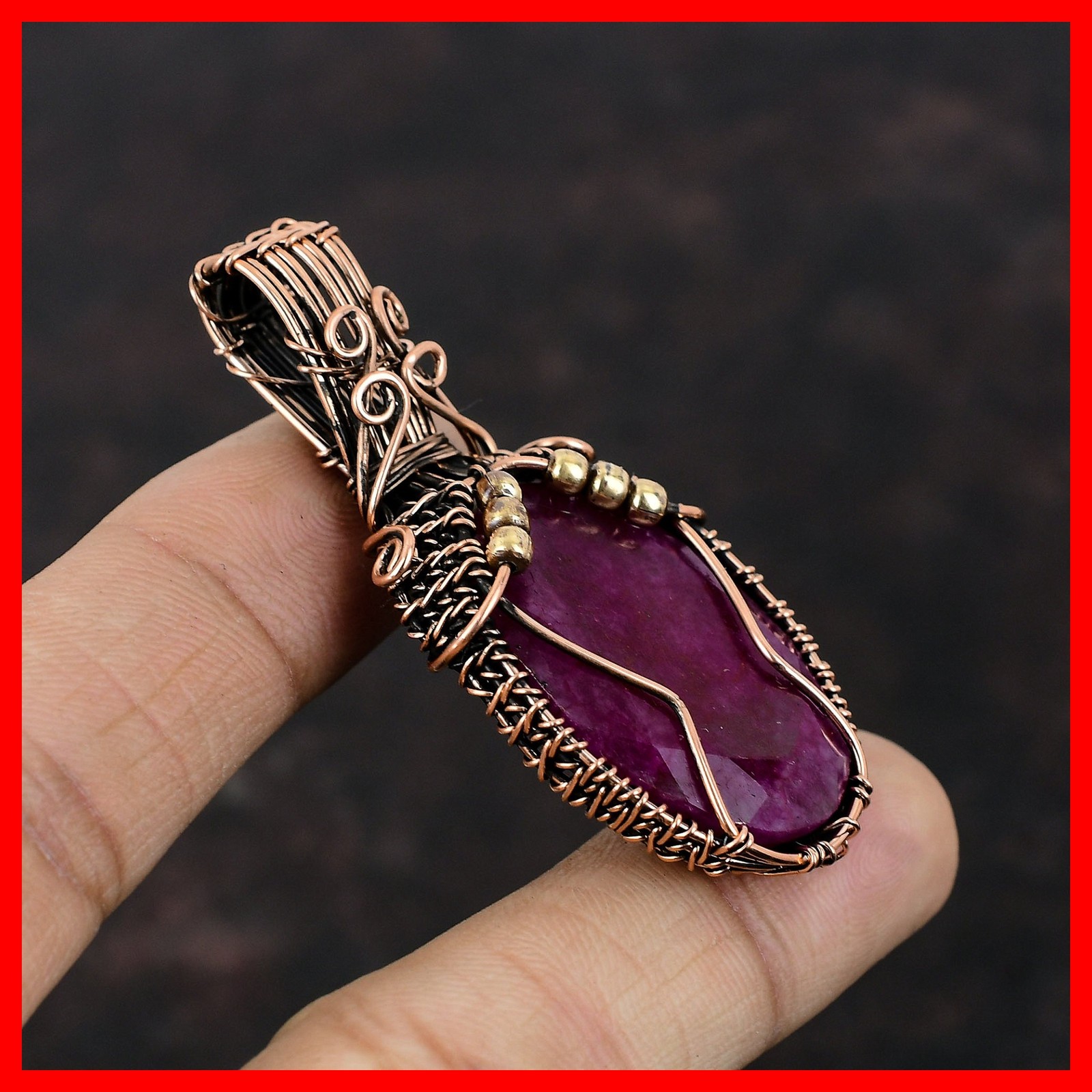 Kashmir Rubi Gemstone Engagement Artisan New Wire Wrapped Pendant Jewelry Copper