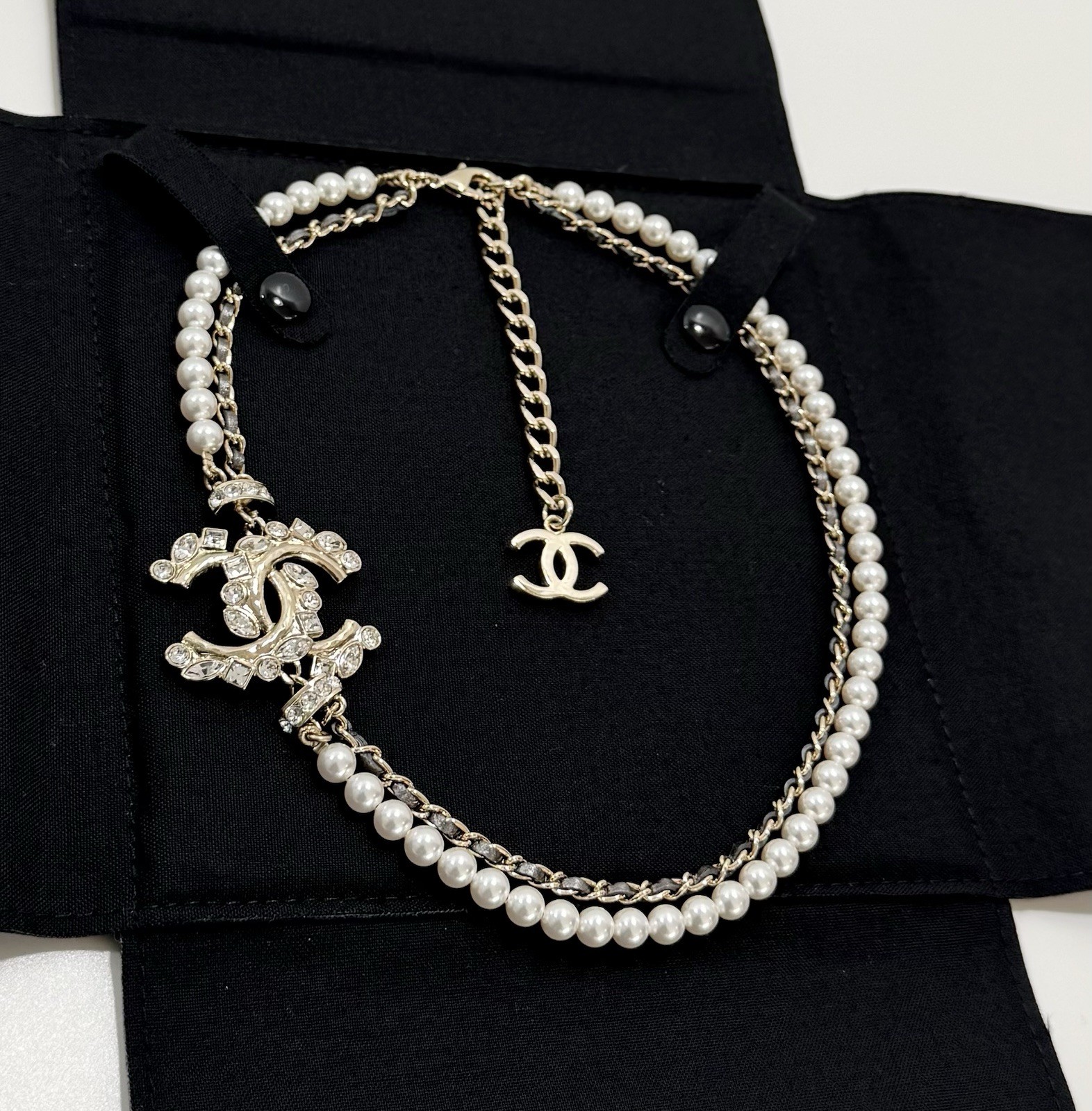 Chanel Pearl Crystal CC Necklace Bronze Leather 23P Adjustable Light Gold Chain