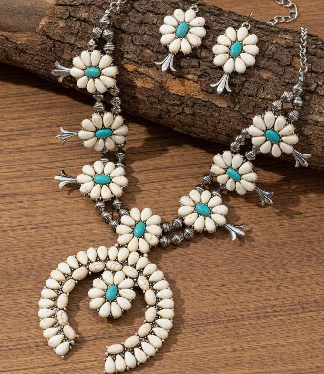 JEWELRY SET-Western 3pcs/Set Turquoise/White Squash Blossom Style Necklace