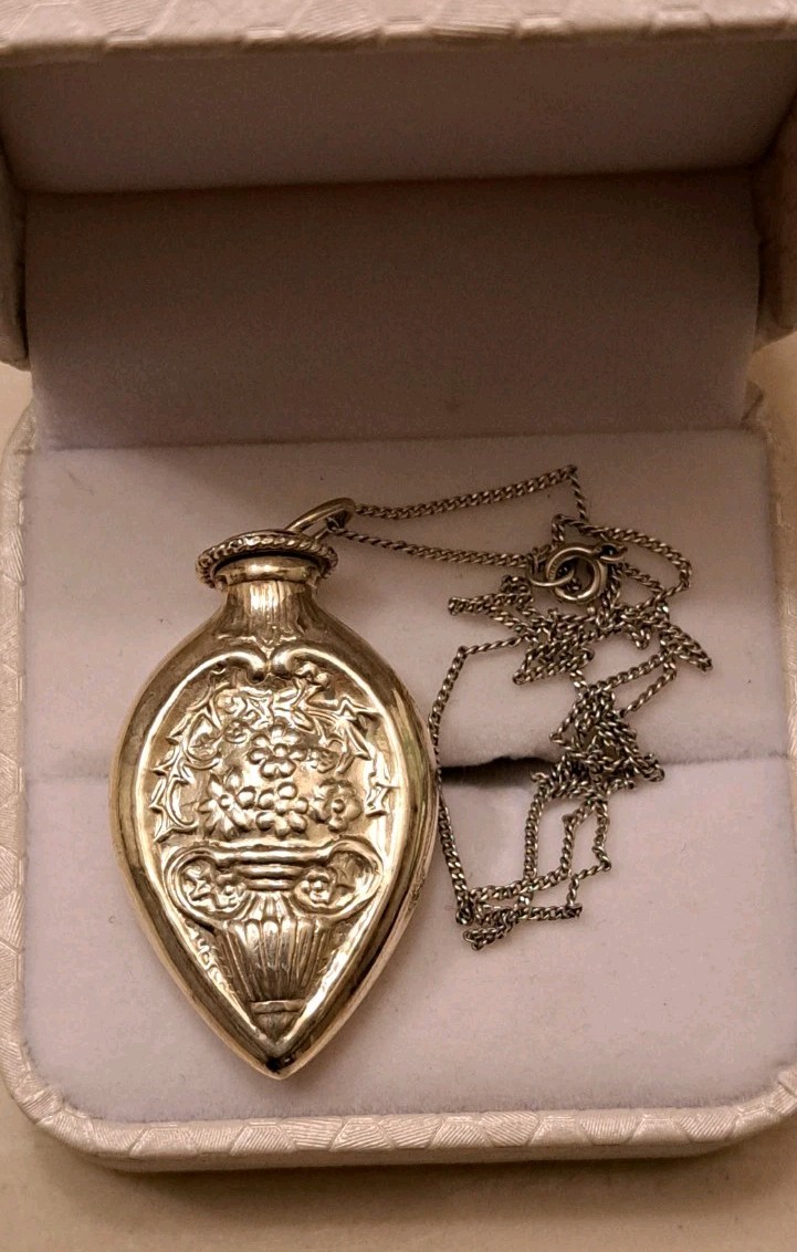 Antique Sterling Silver Perfume Bottle Necklace Floral Motif with Silver Chain