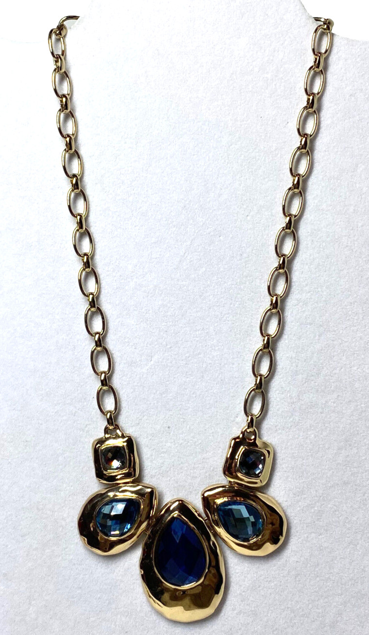 Bella Jack Gold Tone Necklace With Blue Teardrop and Square Gray Stones 21″