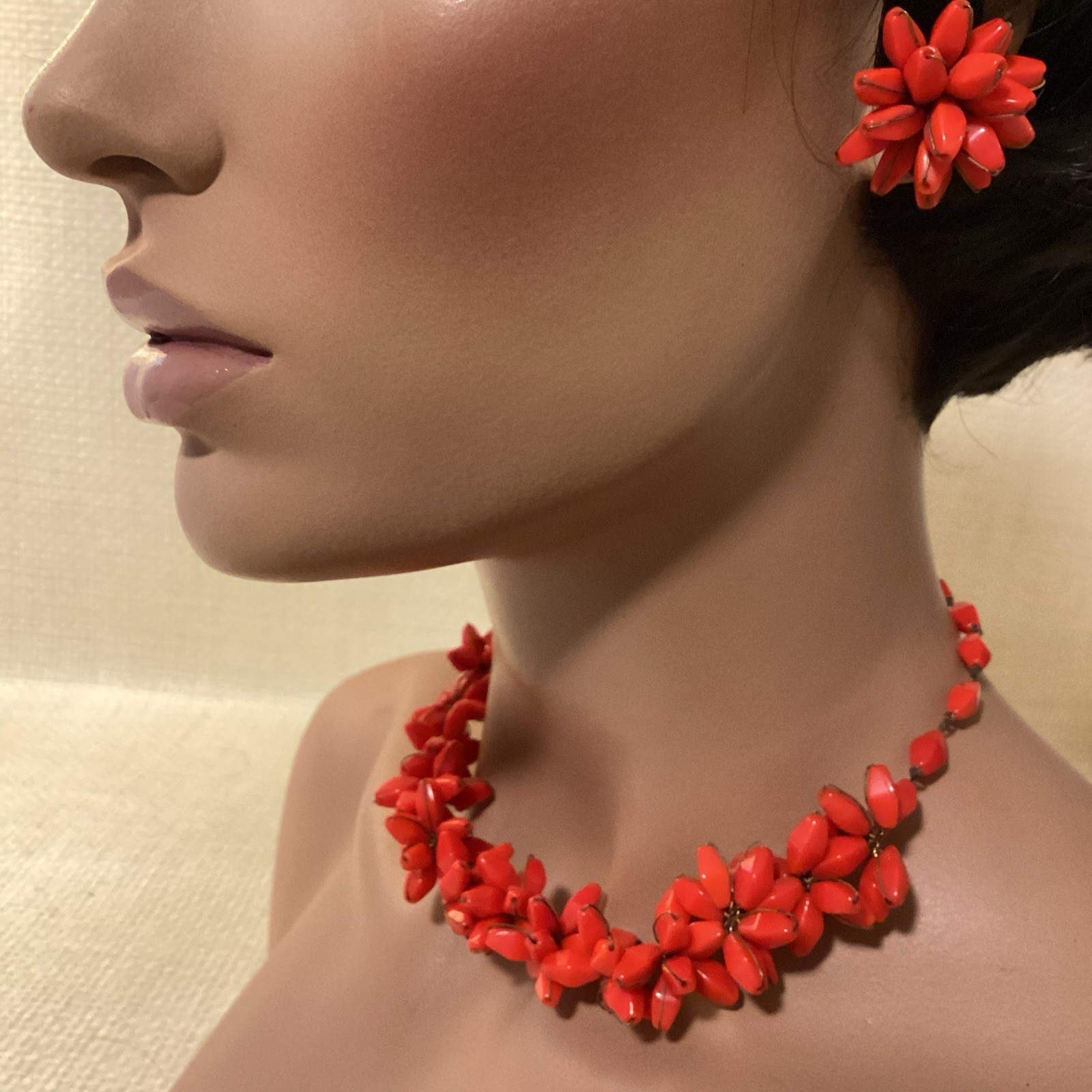 Necklace Vintage Red Coral Choker & Clip on Earring Set Made In Germany