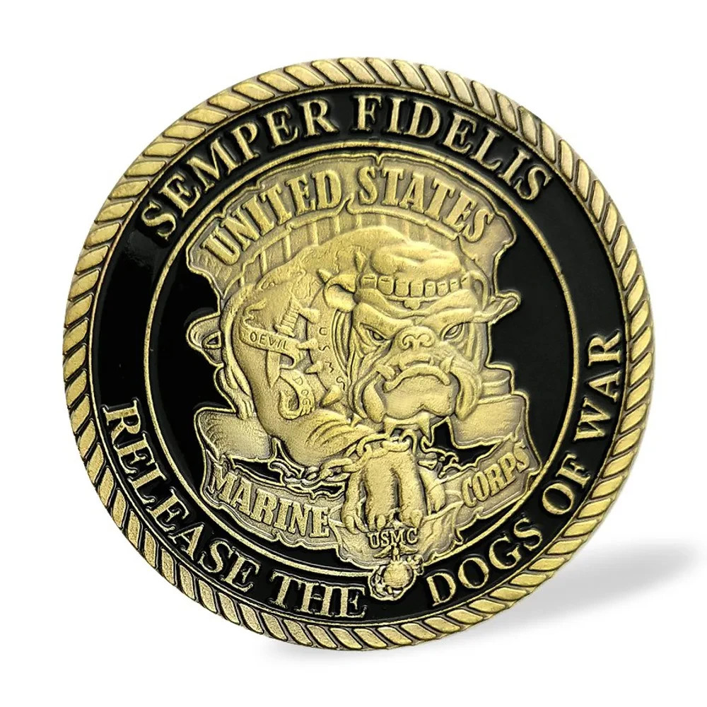 MARINE CORPS Medallion Necklace – 1 5/8″ Gold Steel USMC Challenge Coin Pendant