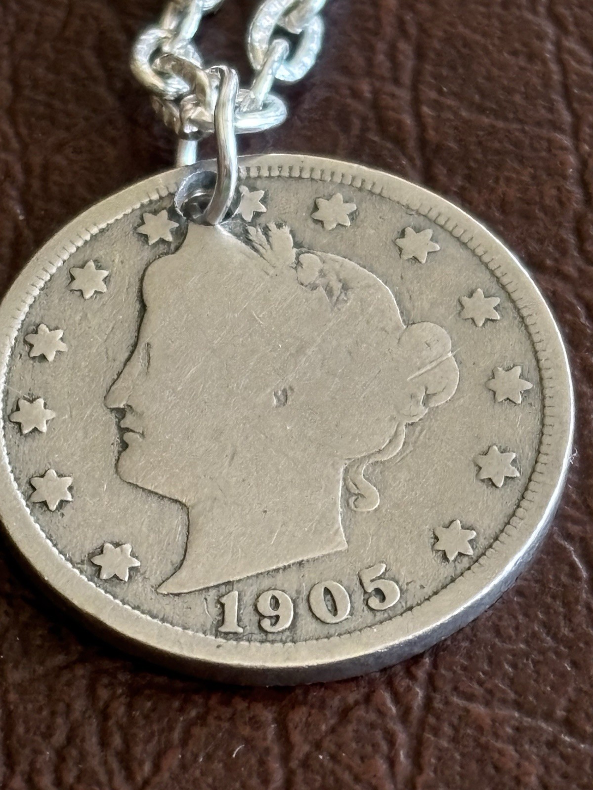 1905 Liberty Nickel on 17.5” Silver Plated Chain Necklace