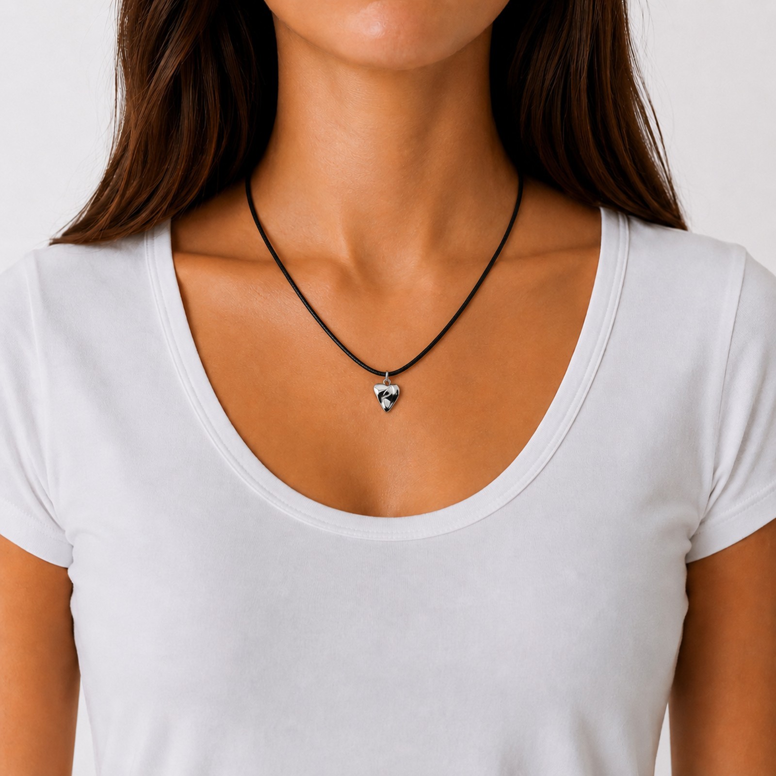 Silver Heart Pendant Necklace Black Satin Silk Cord Stainless Steel Jewelry