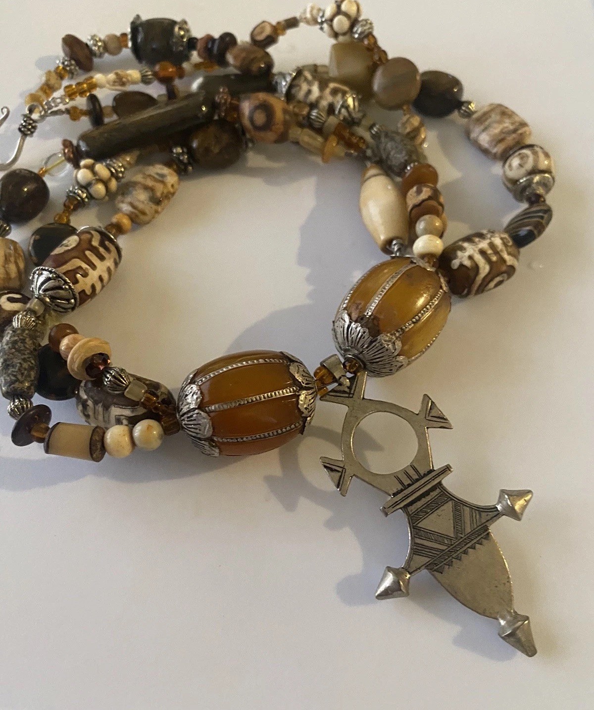 Global Trade Bead Necklace Amber Gemstone DZI Shell Glass Tuareg Cross Pendant