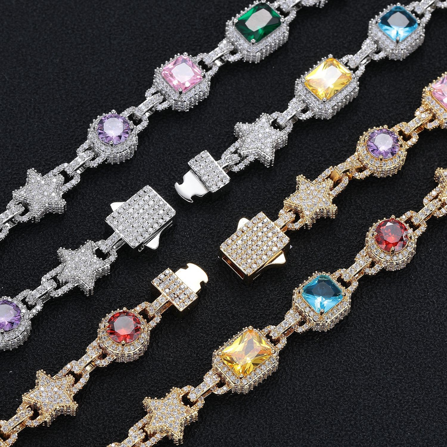 10mm Hip Hop Colored Zircon Crystal Star Chain Necklace Bracelet Choker Jewelry