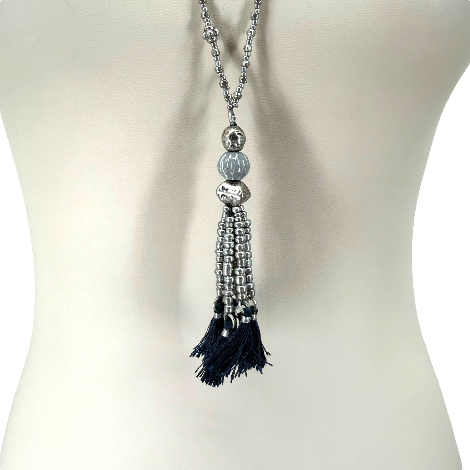 J Jill Tassel Necklace Silver Tone Beaded Blue Pendant Boho Long 32″ Coastal NWT
