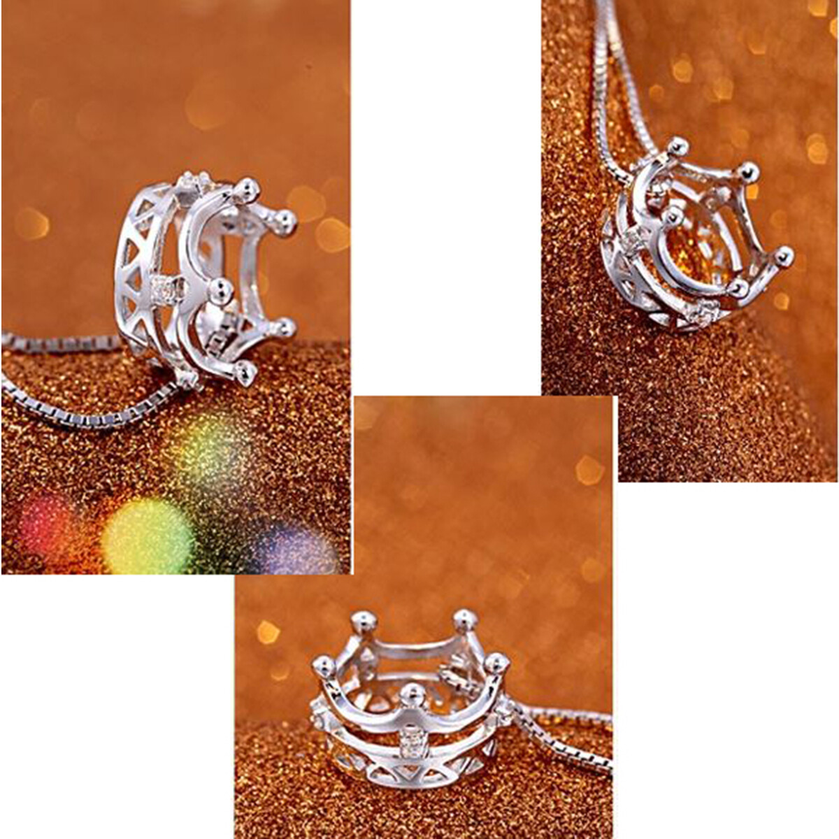 14k White Gold Plated Cubic Zirconia Princess Crown Pendant Necklace for Women