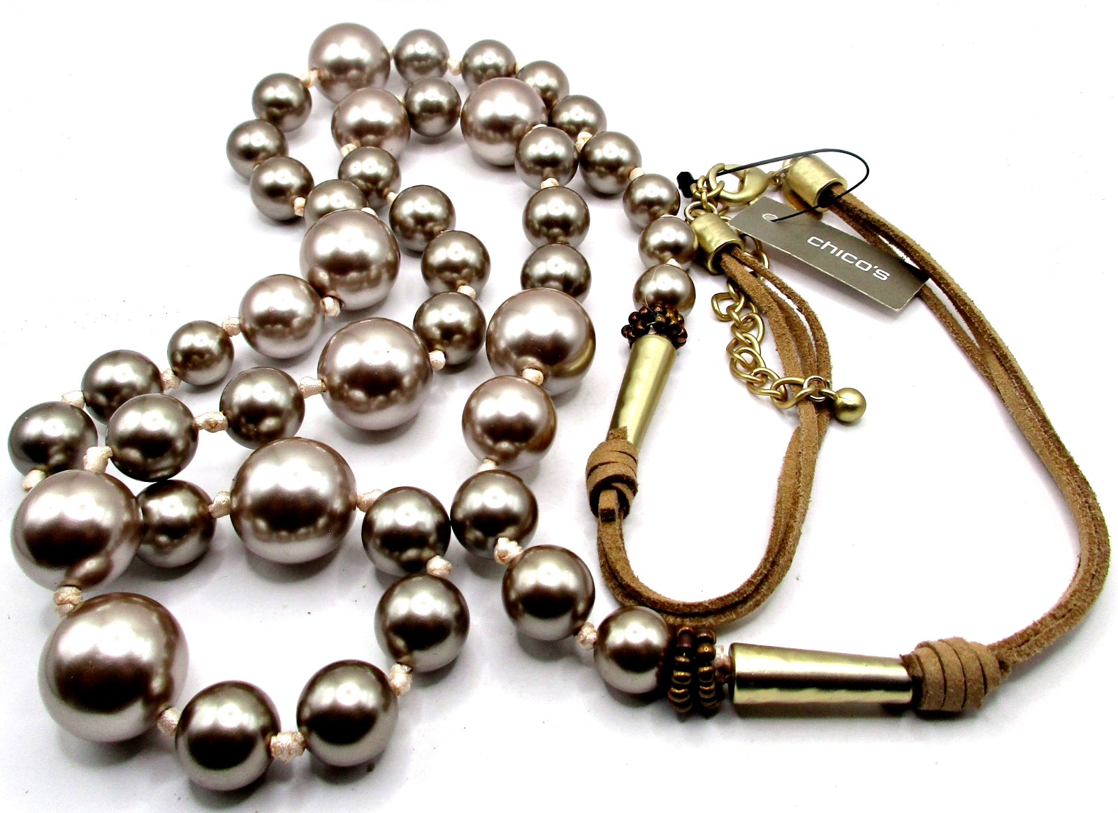 NWT$59 Chico’s Isabel 52″ Strand Deep Champagne Faux Pearls & Leather Necklace