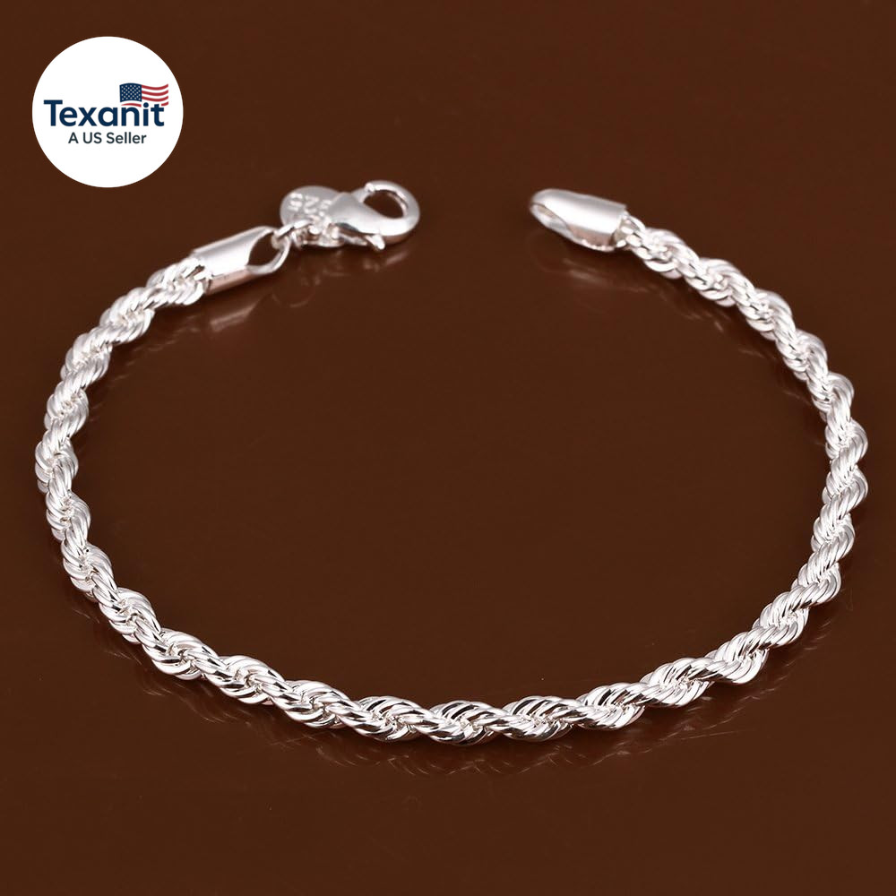 Fashion Jewelry 925 Sterling Silver 4 Mm Twisted French Rope Chain Bracelet Size