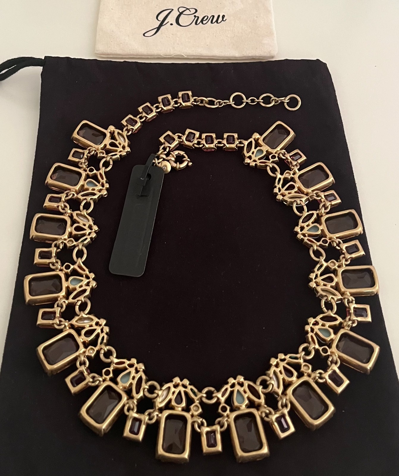 NWT J Crew Stunning Cluster drop Rhinestone Statement Necklace Blue Pink Gold