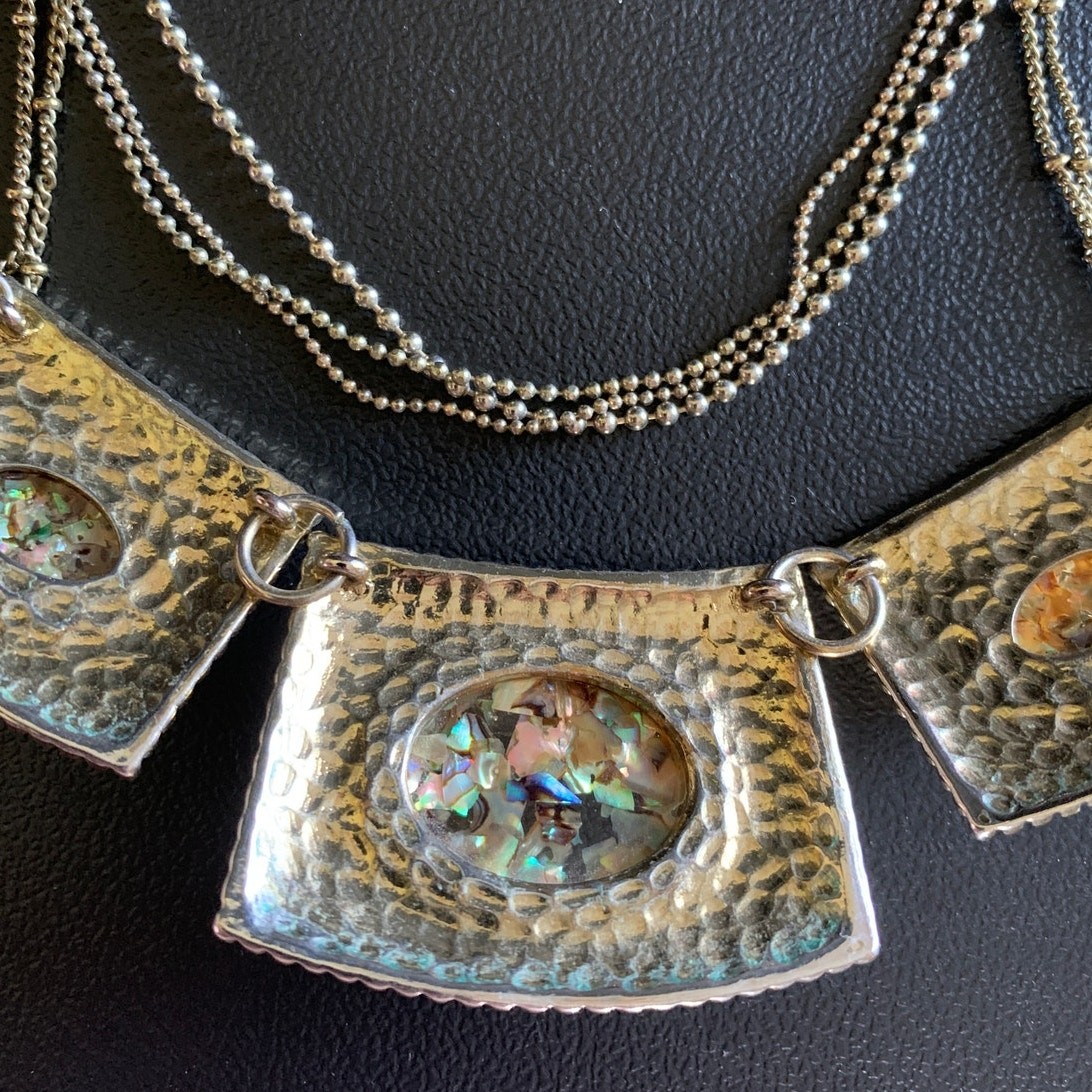 Gold Tone Multi Strand Necklace Abalone Confetti Shell Panel Statement