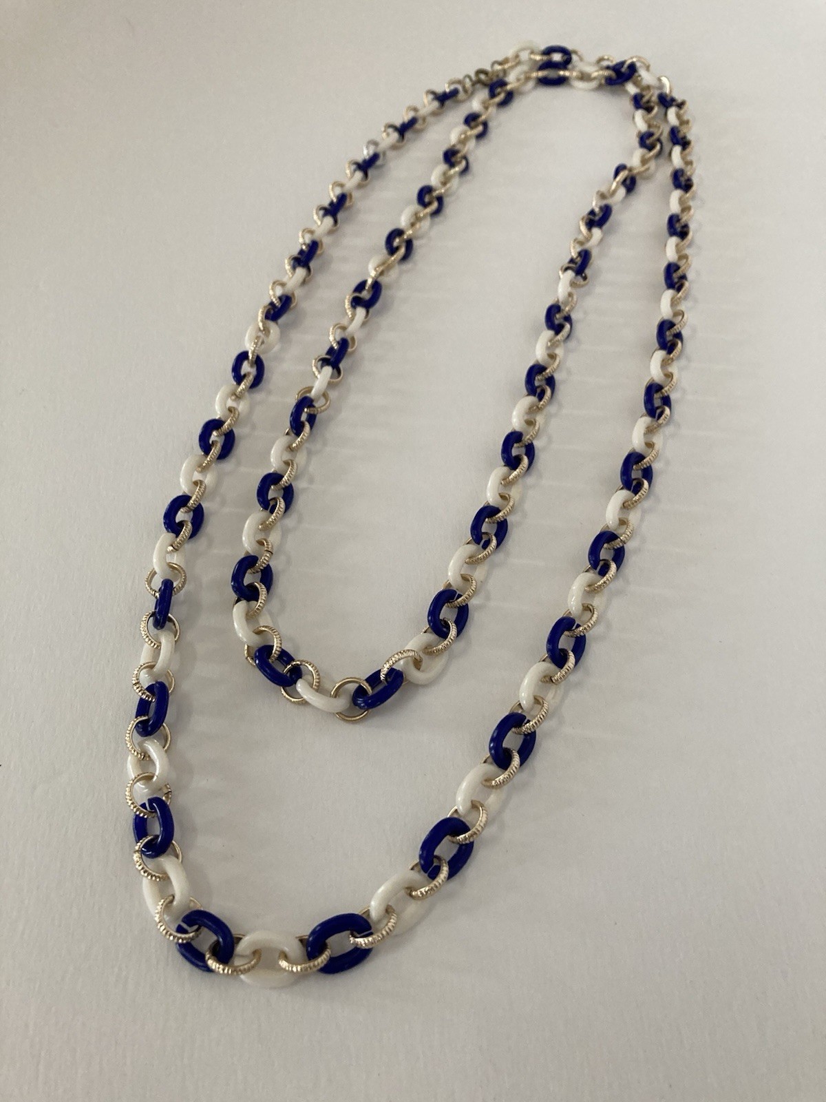 Blue, White And Gold Tone Rings, Necklace Spring Ring Clasp 51” Long