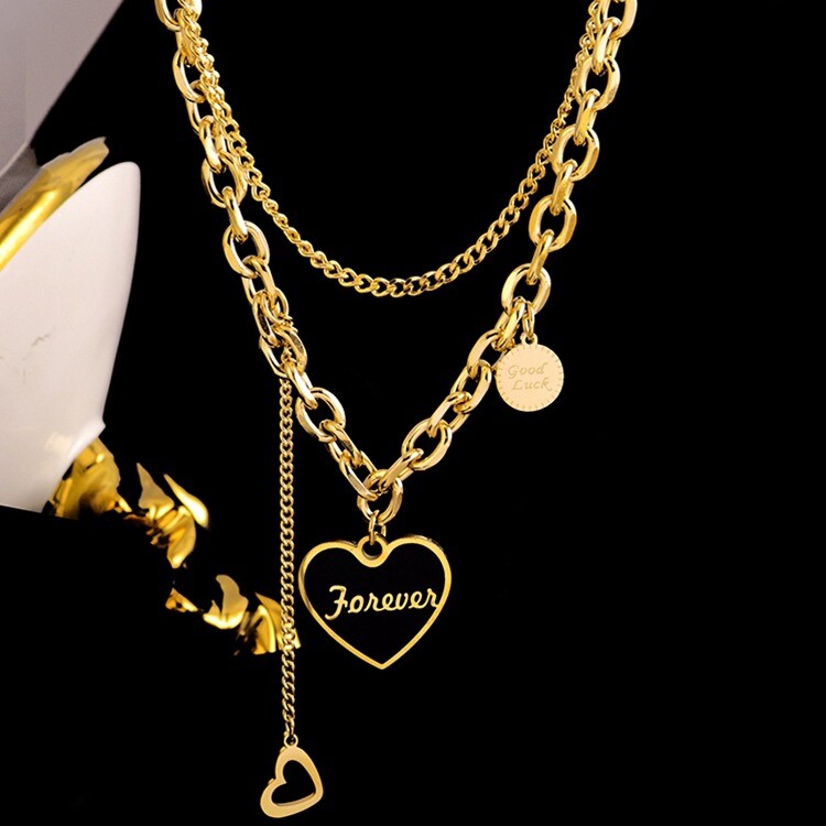 Woman 18K Gold Plated Stainless Steel 2 Layers Enamel Heart Charm Chain Necklace