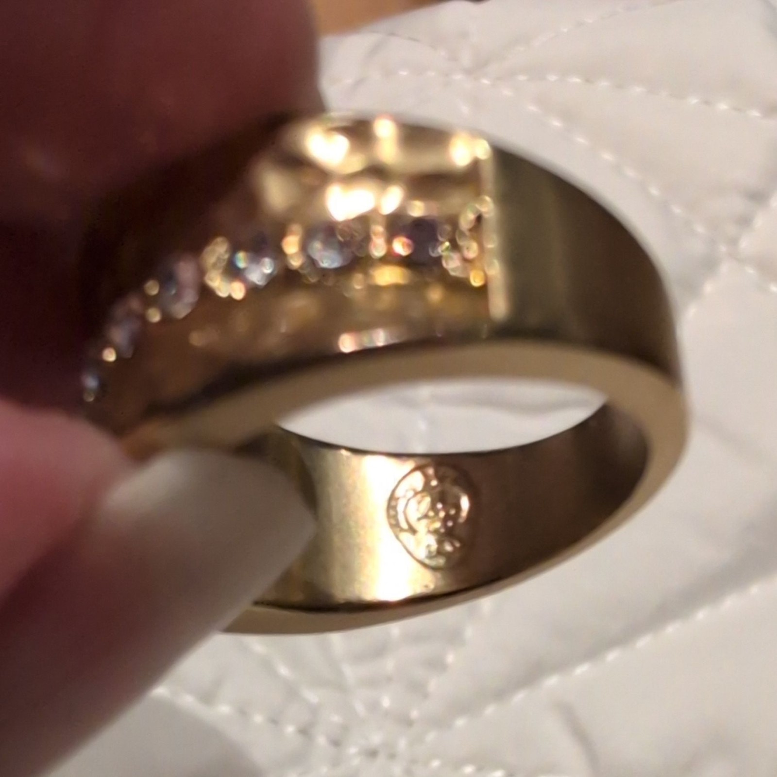 Premier Designs Hammered Gold Tone Crystal Band Ring size 6.