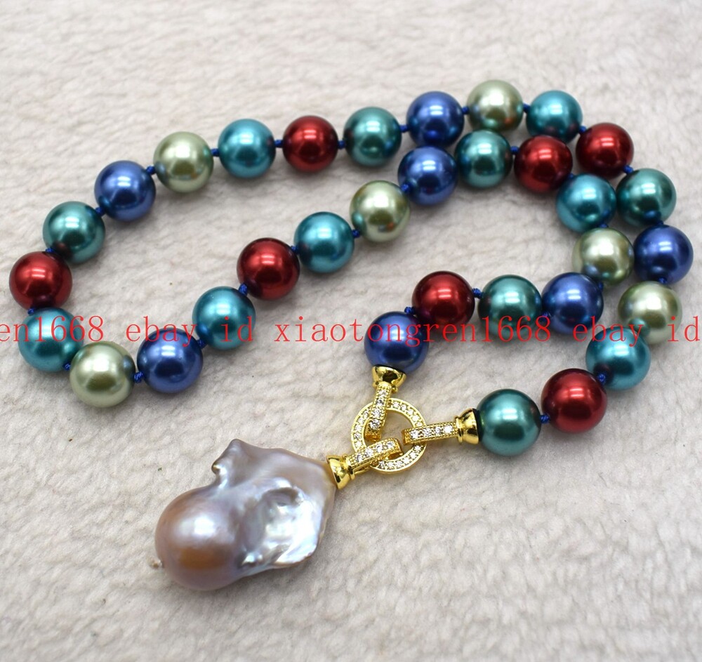 Fashion 12mm Multicolor Shell Pearl & Baroque Pearl Pendant Necklace 16-24in