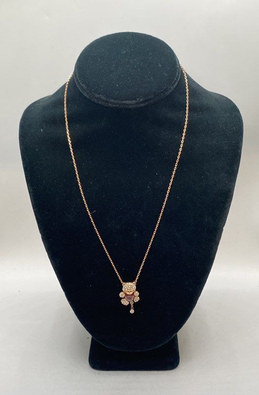 18K Gold Plated Teddy Bear Pendant Necklace Red Heart Clear Crystals 18″