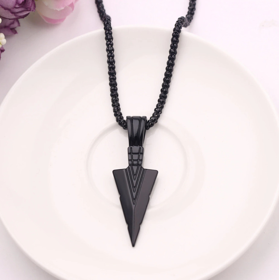 Black Arrowhead Mens Arrow Pendant Necklace 24″ Chain – Native American Style