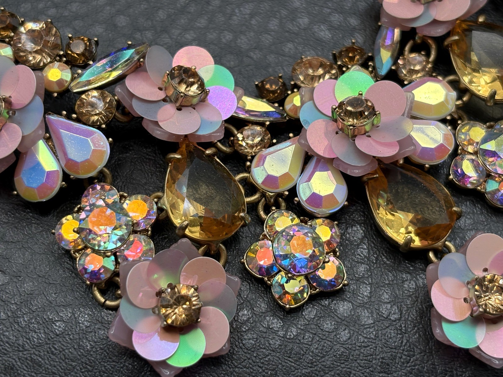 J Crew Amazing Floral Statement Bib Necklace Iridescent Pink Flowers Rhinestones