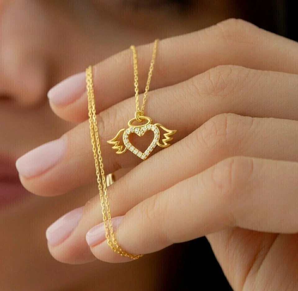 Women Heart Wing Pendant Necklace Round Simulated Diamond 14K Yellow Gold Plated