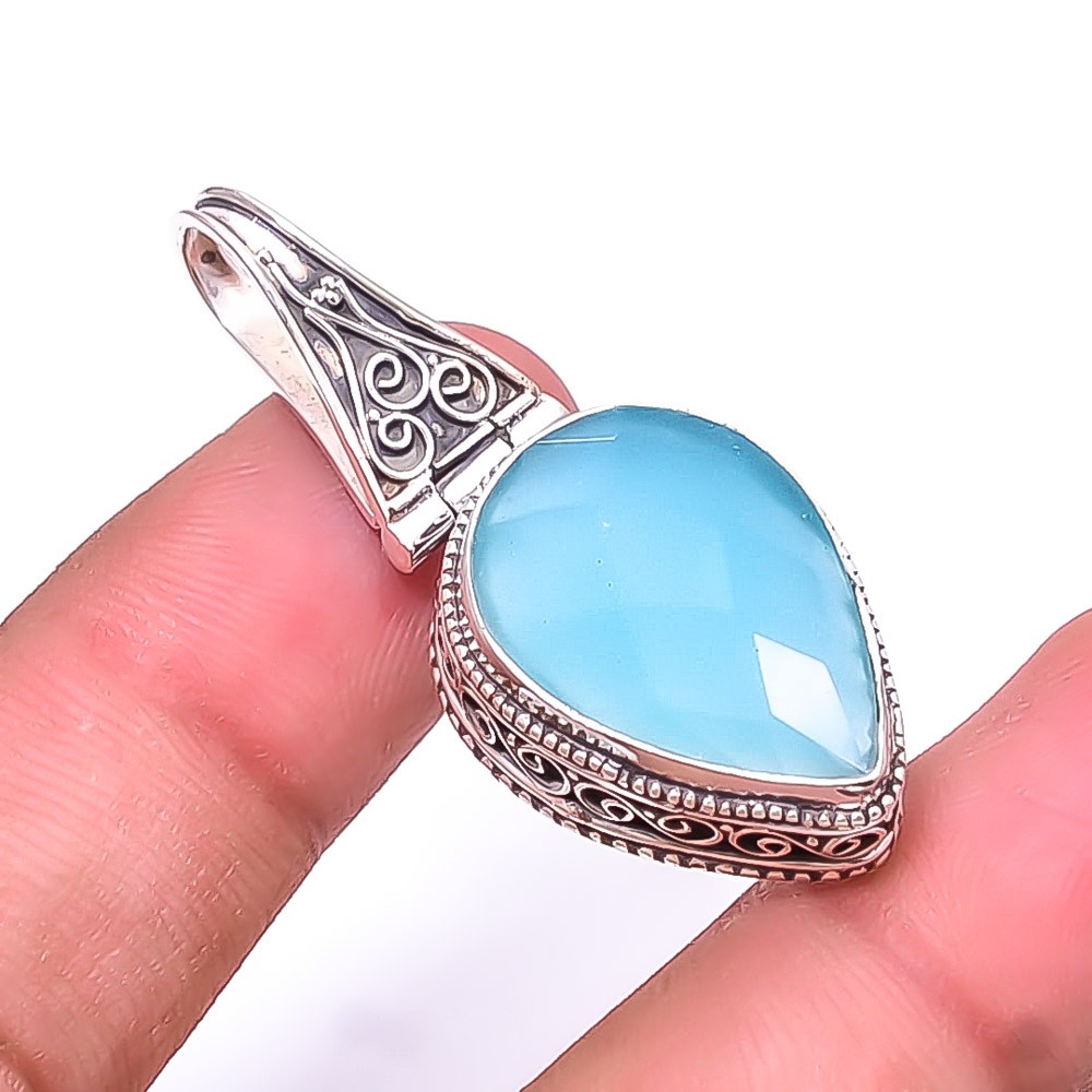Chalcedony -Brazil Fine Art 925 Sterling Silver Pendant 1.76″ P01 Christmas Gift
